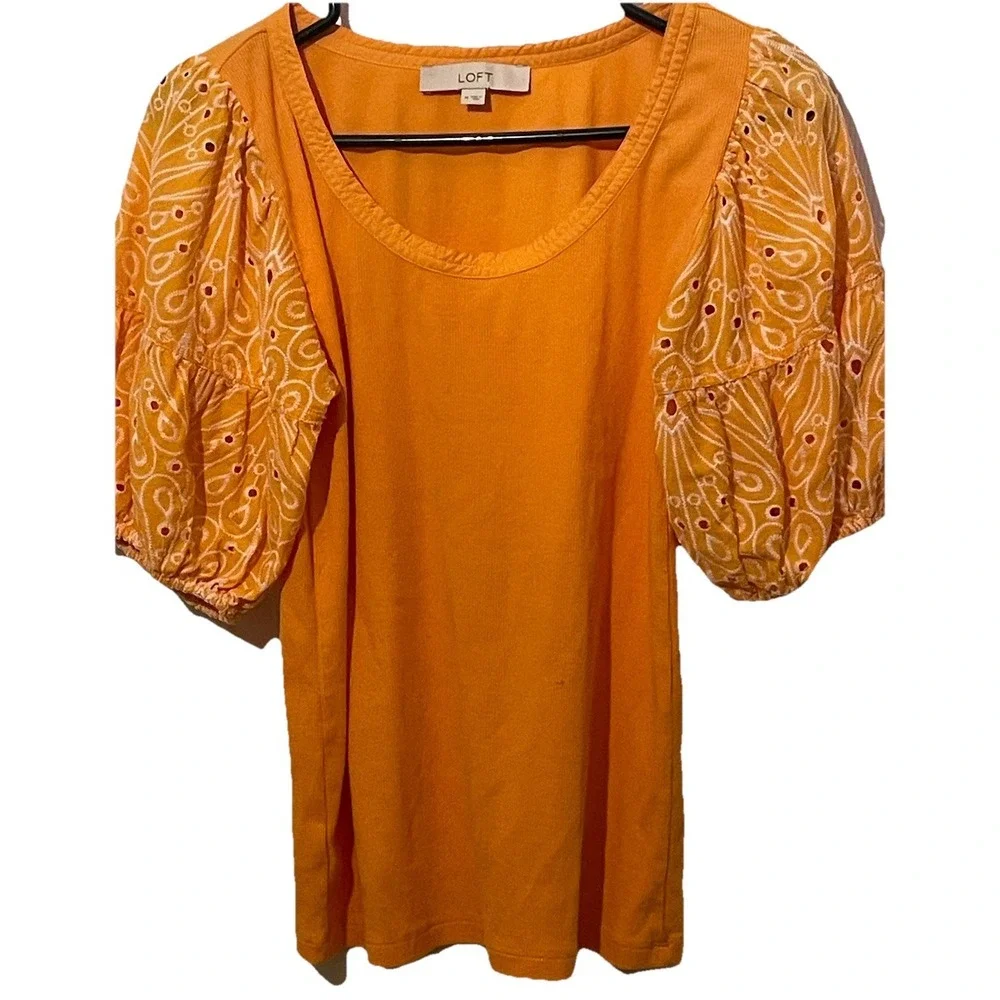 LOFT Orange‎ Eyelet Puff Sleeve Embroidered Boho Cottagecore Top Medium